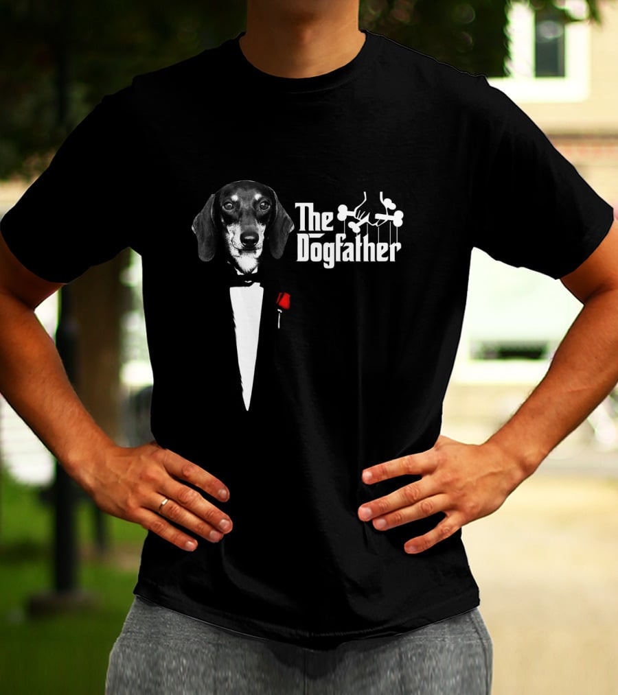 The Dogfather Dashund Tuxedo Rose Puppeteer T-Shirt