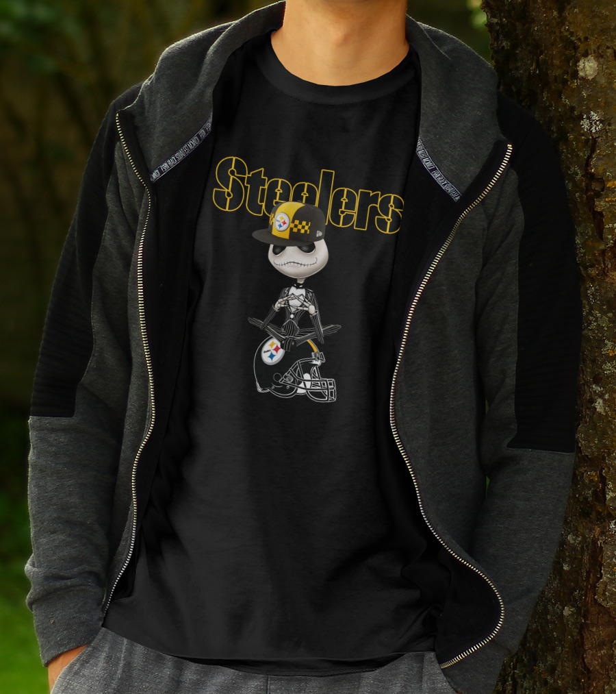 Steelers Jack Skellington With Pittsburgh Football Helmet And Cap T-Shirt