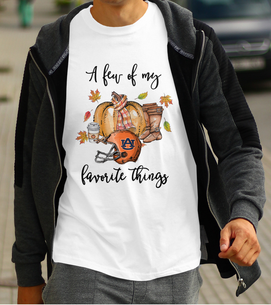 A Few Of My Favorite Things Auburn Tigers Football Helmet Pumpkin Autumn Leaves Boots Scarf Coffee T-Shirt