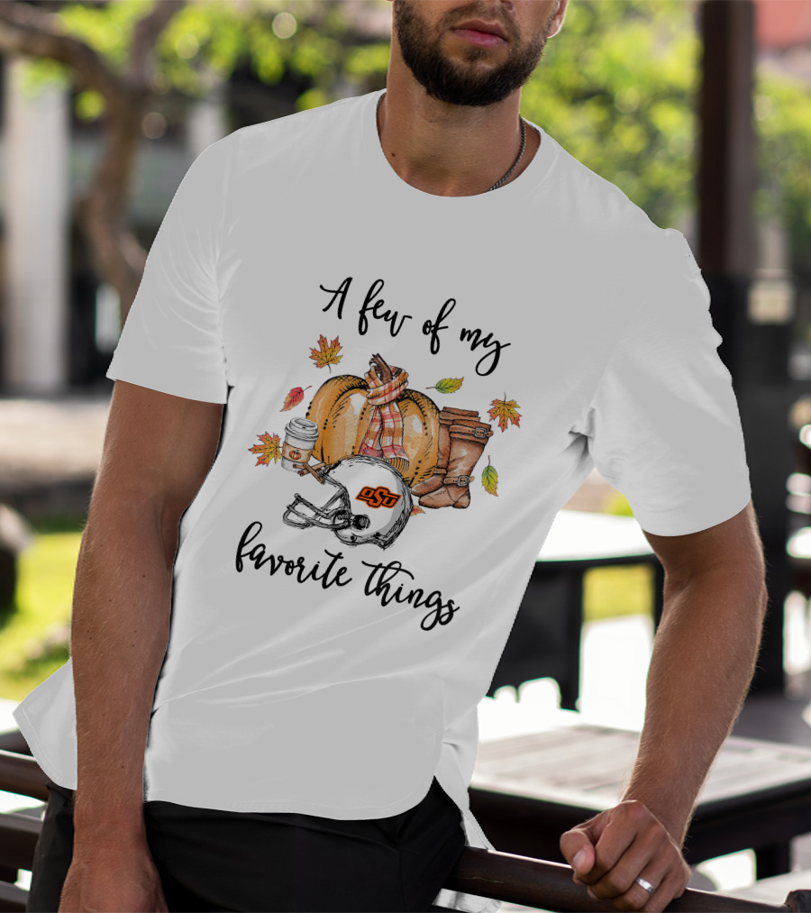 A Few Of My Favorite Things OSU Cowboys Helmet Pumpkin Fall Leaves Boots Coffee T-Shirt