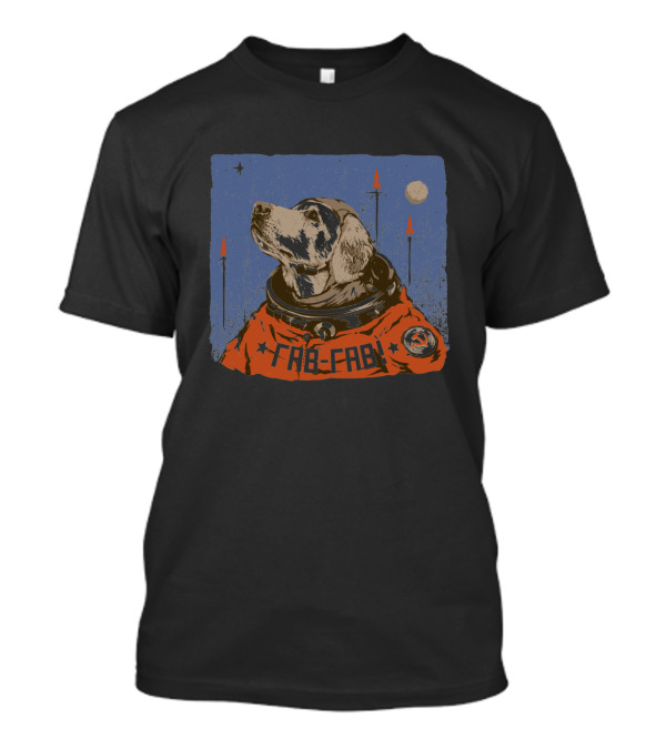 FAB-FAB Soviet Space Dog Astronaut In Orange Suit With Rockets And Moon Background T-Shirt