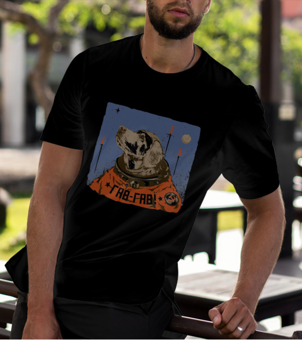 FAB-FAB Soviet Space Dog Astronaut In Orange Suit With Rockets And Moon Background T-Shirt