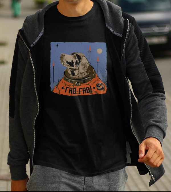 FAB-FAB Soviet Space Dog Astronaut In Orange Suit With Rockets And Moon Background T-Shirt