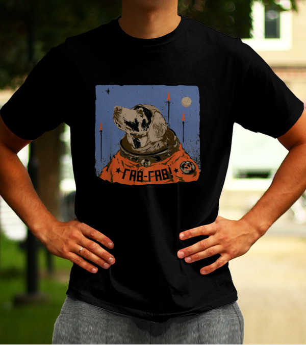 FAB-FAB Soviet Space Dog Astronaut In Orange Suit With Rockets And Moon Background T-Shirt