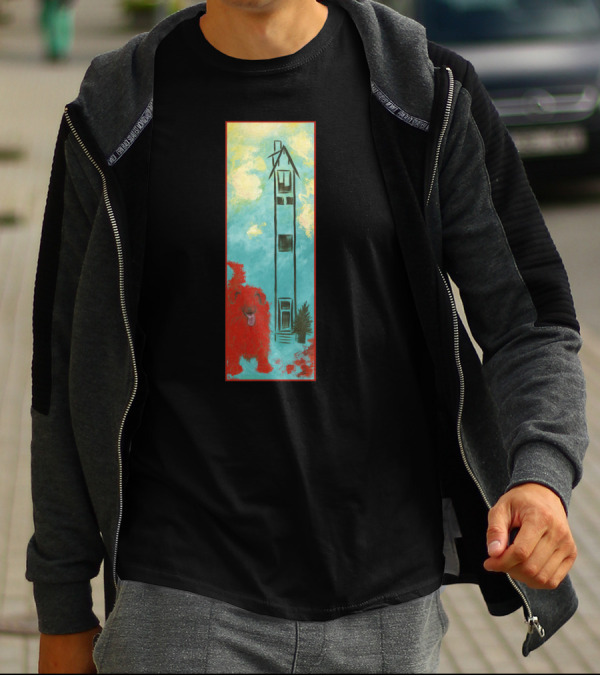 Big Red Dog Vibrant Tower Scene On Blue And Yellow Background T-Shirt
