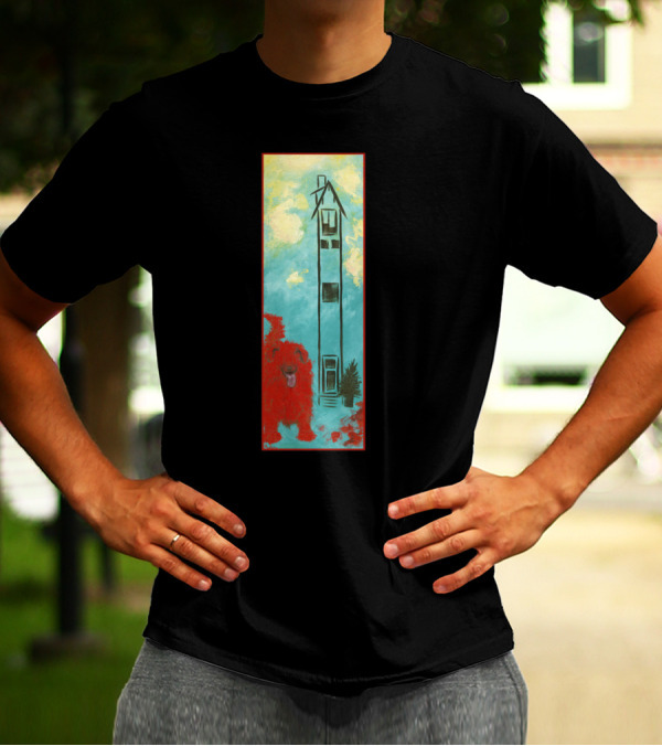 Big Red Dog Vibrant Tower Scene On Blue And Yellow Background T-Shirt