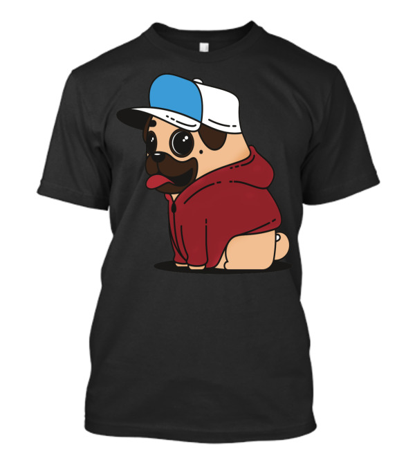 Adorable Pug Wearing Red Hoodie And Blue-White Cap T-Shirt