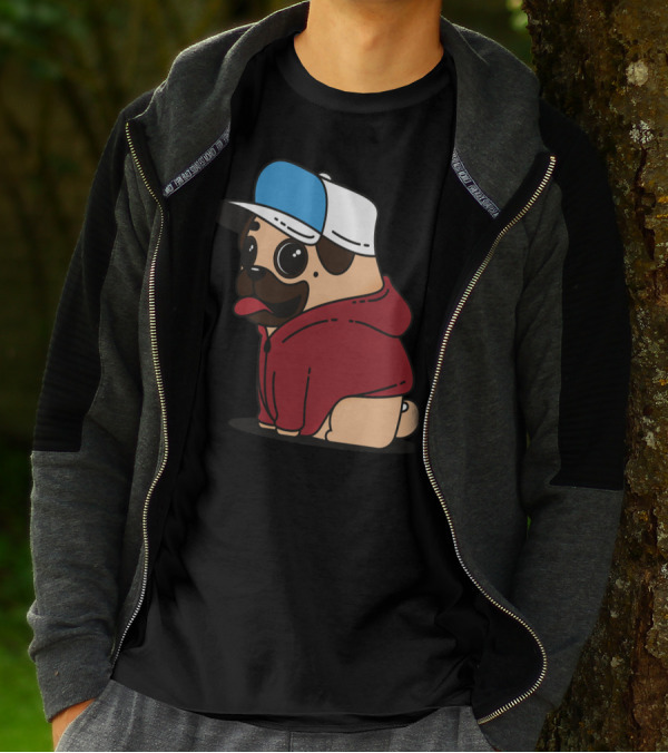 Adorable Pug Wearing Red Hoodie And Blue-White Cap T-Shirt