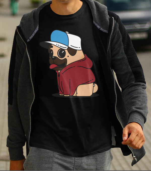 Adorable Pug Wearing Red Hoodie And Blue-White Cap T-Shirt
