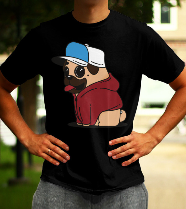 Adorable Pug Wearing Red Hoodie And Blue-White Cap T-Shirt