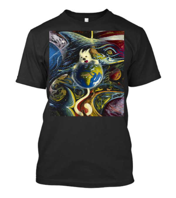 Space Dog Floating Around Earth Surrounded By Cosmic Art Elements T-Shirt