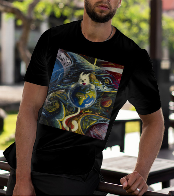 Space Dog Floating Around Earth Surrounded By Cosmic Art Elements T-Shirt