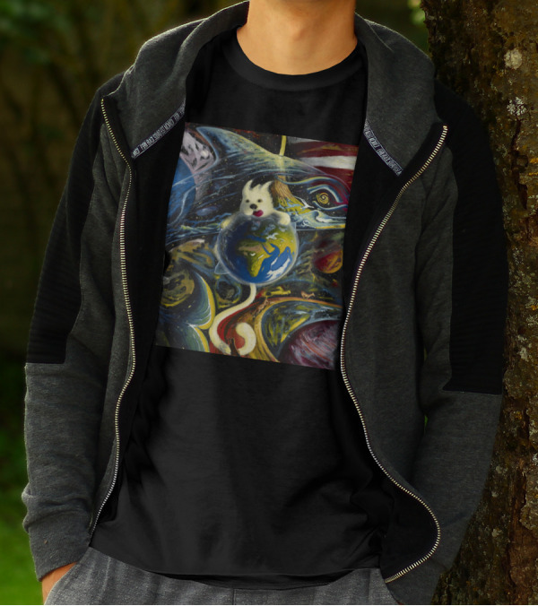 Space Dog Floating Around Earth Surrounded By Cosmic Art Elements T-Shirt