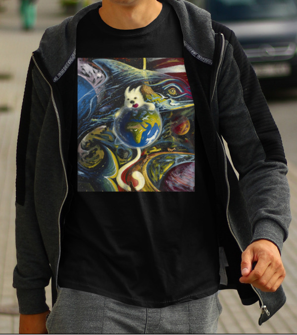Space Dog Floating Around Earth Surrounded By Cosmic Art Elements T-Shirt