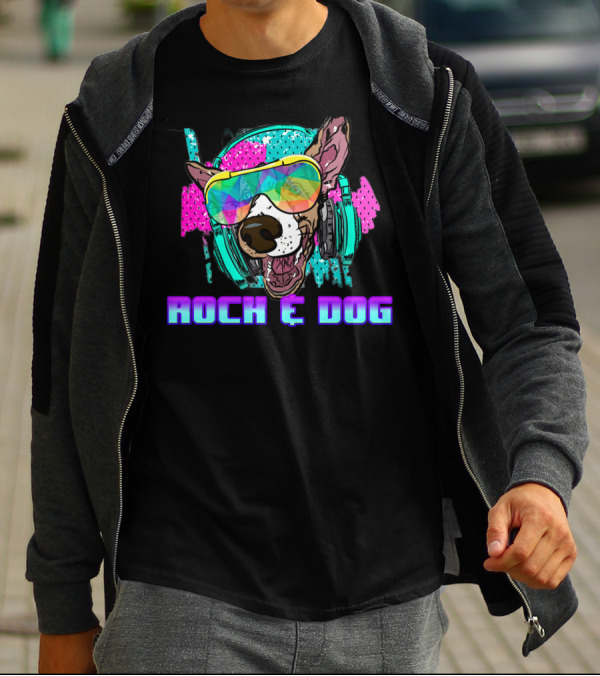 Rock And Dog Neon Headphone Party Dog With Shades T-Shirt