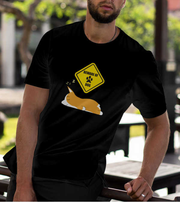 Beware Of Dog Sleeping Corgi Guard Dog With Paw Sign T-Shirt