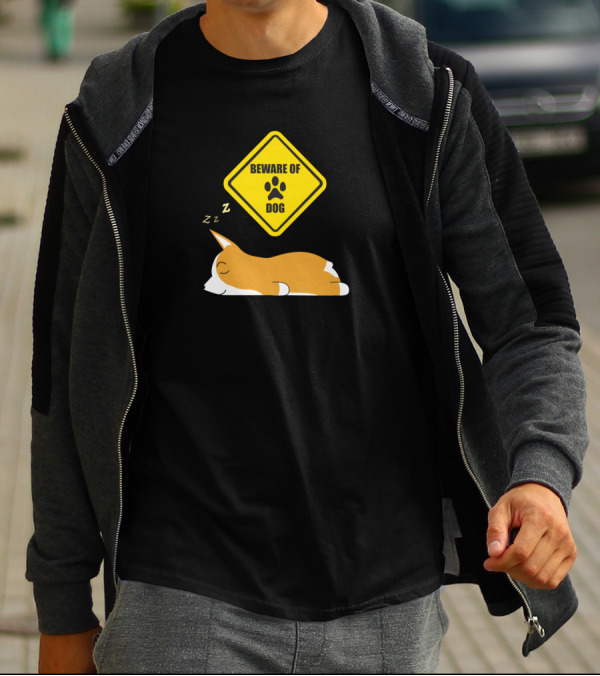 Beware Of Dog Sleeping Corgi Guard Dog With Paw Sign T-Shirt