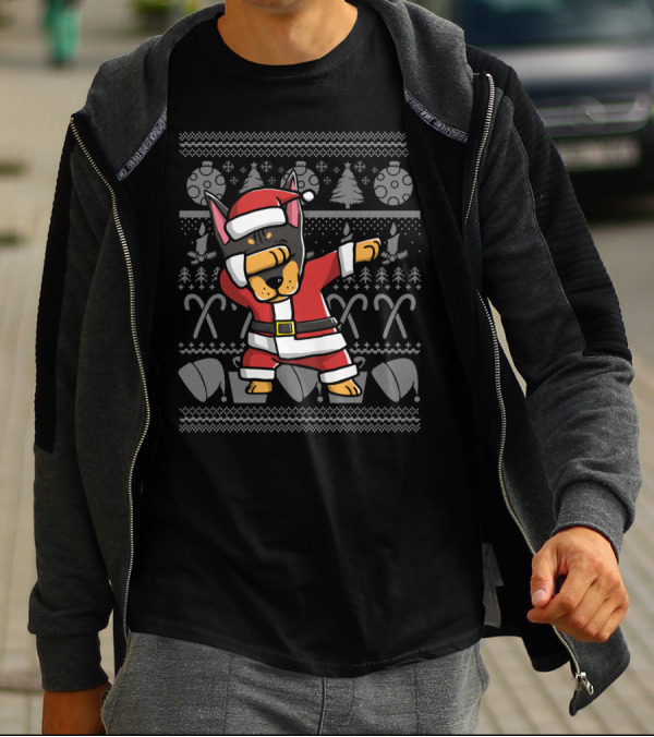 Doberman Santa Dab Dance Christmas Themed Ugly T-Shirt