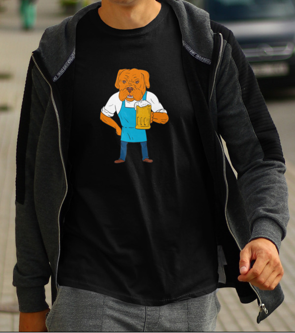 Bordeaux Dog Holding Beer Cartoon Brewer Mascot T-Shirt
