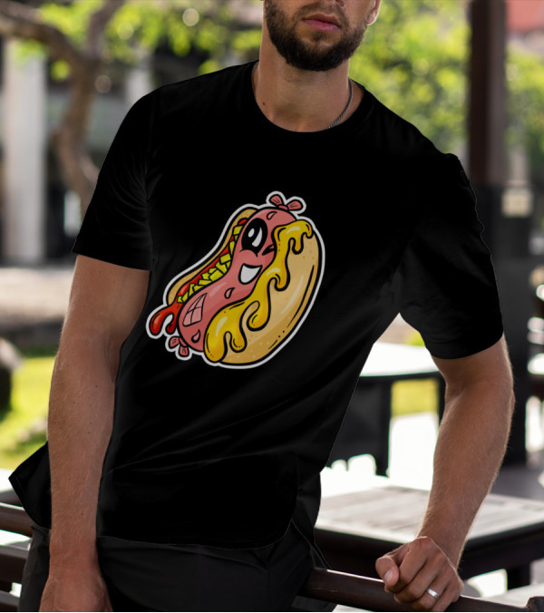 Cartoon Hot Dog Character With Melting Cheese And Happy Expression T-Shirt