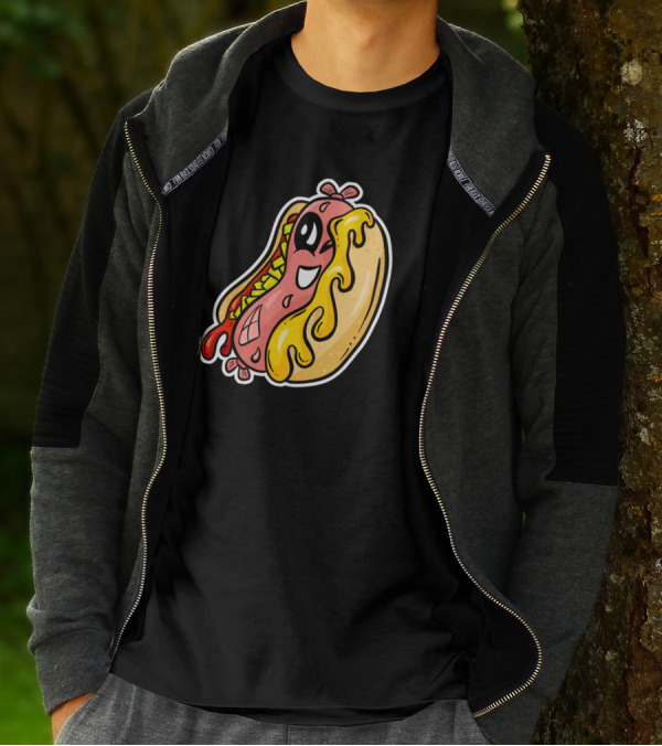 Cartoon Hot Dog Character With Melting Cheese And Happy Expression T-Shirt