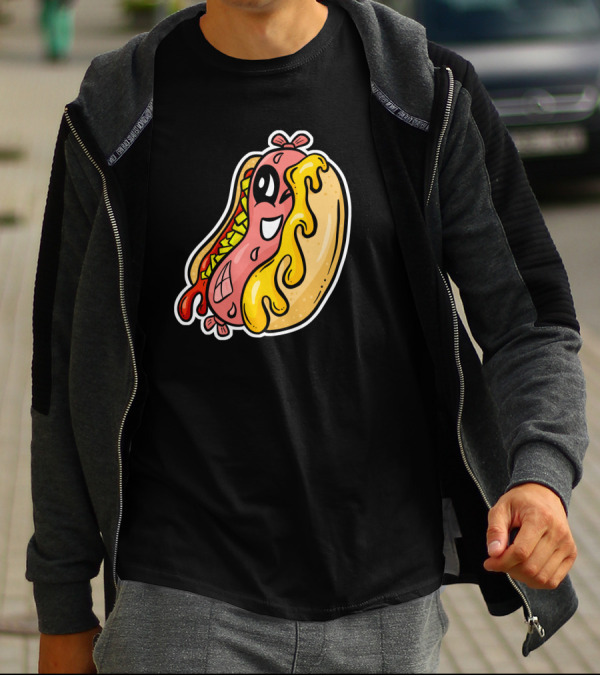 Cartoon Hot Dog Character With Melting Cheese And Happy Expression T-Shirt