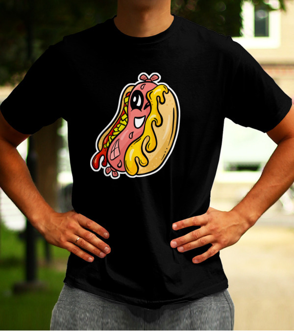 Cartoon Hot Dog Character With Melting Cheese And Happy Expression T-Shirt