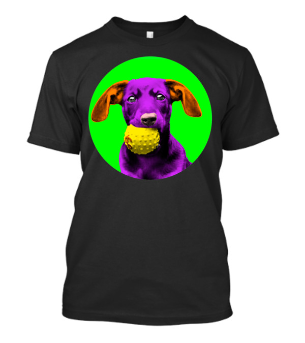 Purple Sausage Dog With Yellow Ball On Green Bubble Background T-Shirt