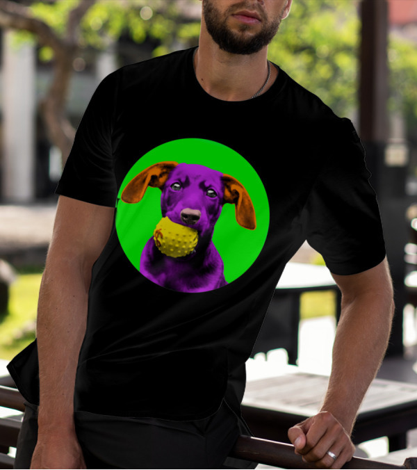 Purple Sausage Dog With Yellow Ball On Green Bubble Background T-Shirt