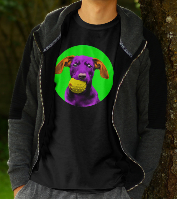 Purple Sausage Dog With Yellow Ball On Green Bubble Background T-Shirt