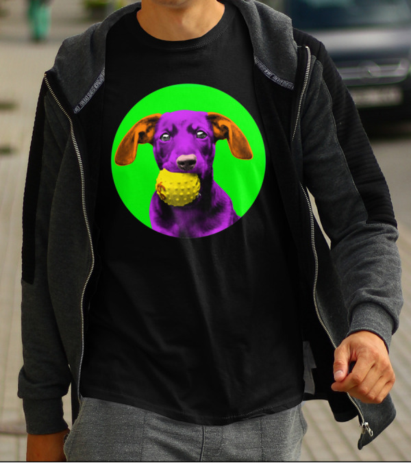 Purple Sausage Dog With Yellow Ball On Green Bubble Background T-Shirt