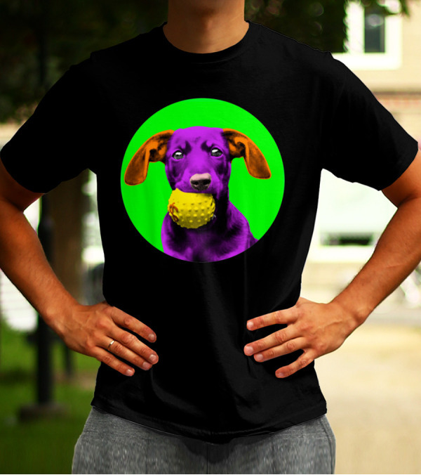 Purple Sausage Dog With Yellow Ball On Green Bubble Background T-Shirt