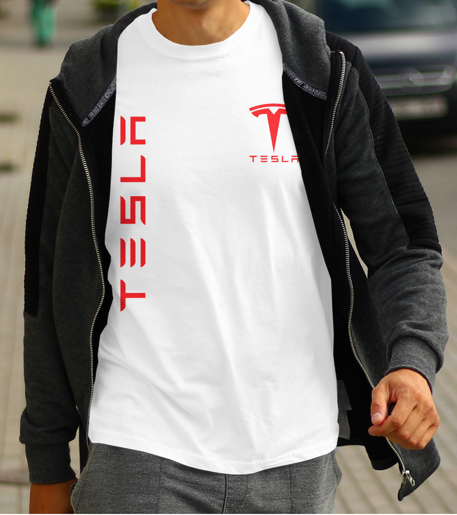 Tesla Vertical And Logo Red T-Shirt