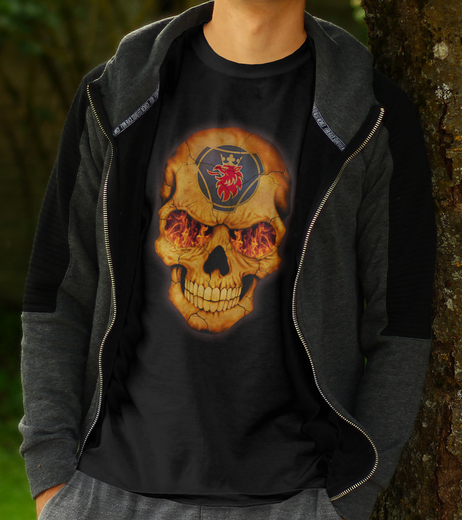 SCANIA Skull With Fiery Eyes And Lion Emblem T-Shirt