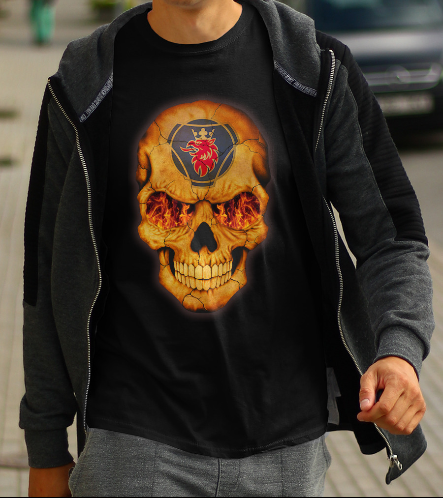 SCANIA Skull With Fiery Eyes And Lion Emblem T-Shirt