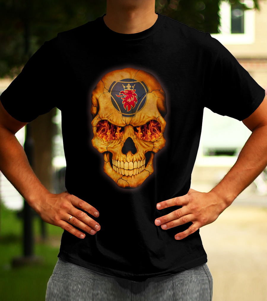 SCANIA Skull With Fiery Eyes And Lion Emblem T-Shirt