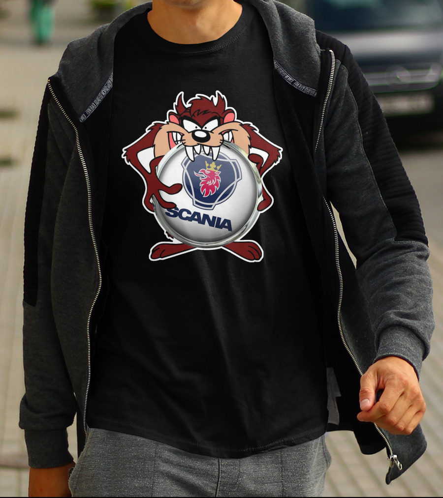 TAZ SCANIA Logo With Cartoon Character Holding Emblem T-Shirt