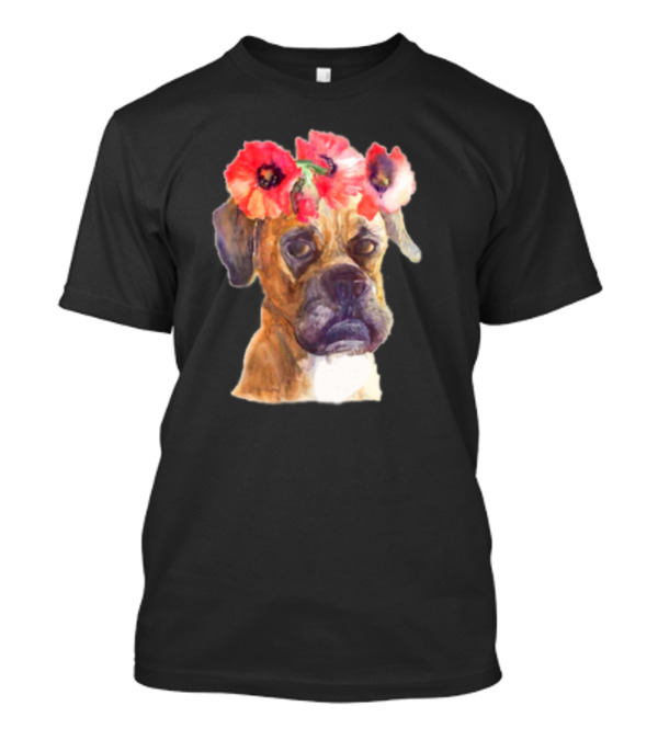 Floral Boxer Dog With Red Poppy Crown In Monster Dog Media T-Shirt