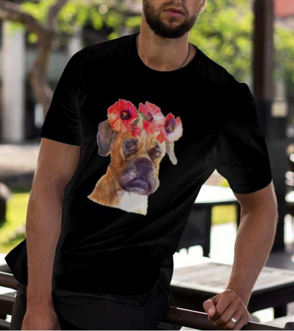 Floral Boxer Dog With Red Poppy Crown In Monster Dog Media T-Shirt