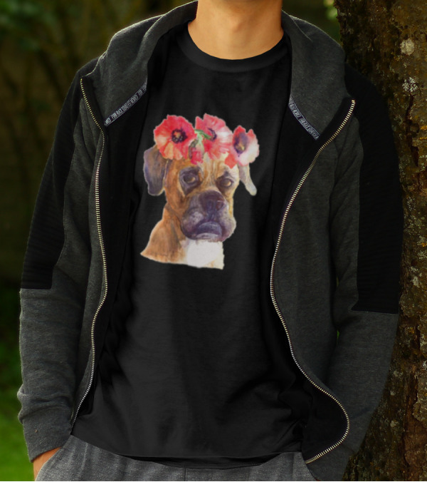 Floral Boxer Dog With Red Poppy Crown In Monster Dog Media T-Shirt