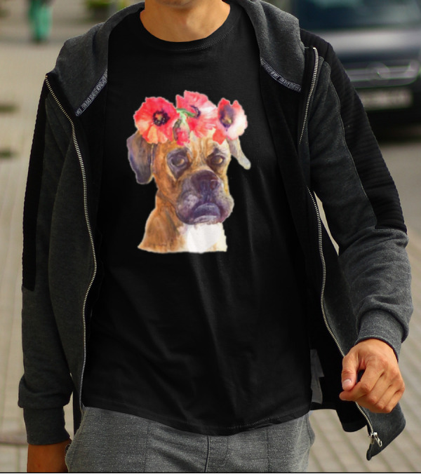 Floral Boxer Dog With Red Poppy Crown In Monster Dog Media T-Shirt