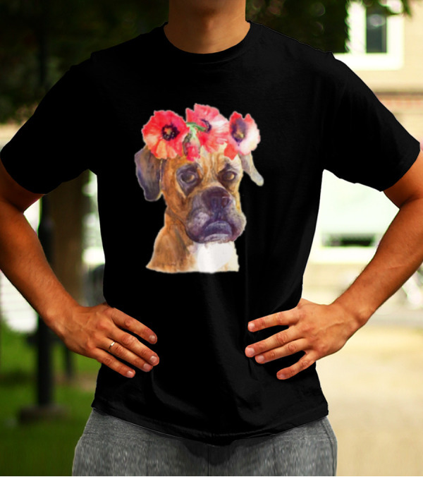 Floral Boxer Dog With Red Poppy Crown In Monster Dog Media T-Shirt