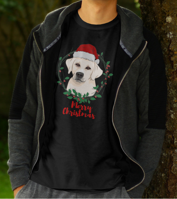 Merry Christmas Labrador Dog With Santa Hat And Holiday Wreath T-Shirt