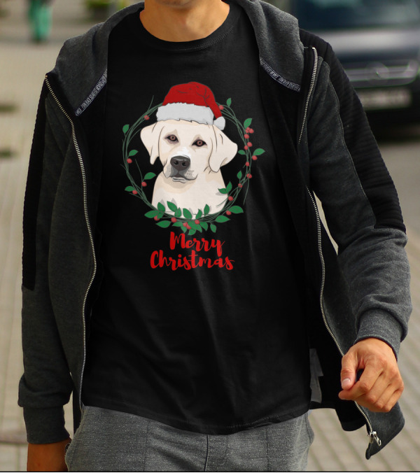Merry Christmas Labrador Dog With Santa Hat And Holiday Wreath T-Shirt