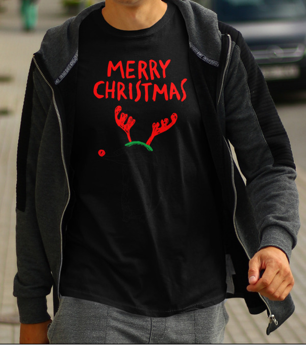 Merry Christmas Dog With Red Antlers And Green Collar Holiday Humor T-Shirt