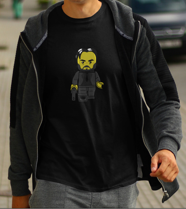 Lego-Style Character Holding Weapon With But My Dog T-Shirt