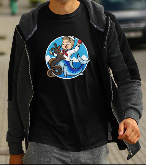 A Merboy And His Sailor Outfit Playing Fetch With Sea Dog T-Shirt