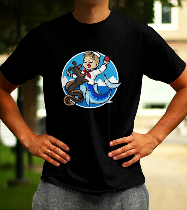 A Merboy And His Sailor Outfit Playing Fetch With Sea Dog T-Shirt