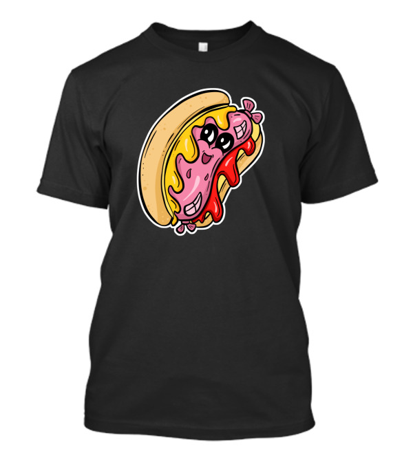 Wiener Smiling Hot Dog With Melted Cheese And Ketchup Cartoon Character T-Shirt
