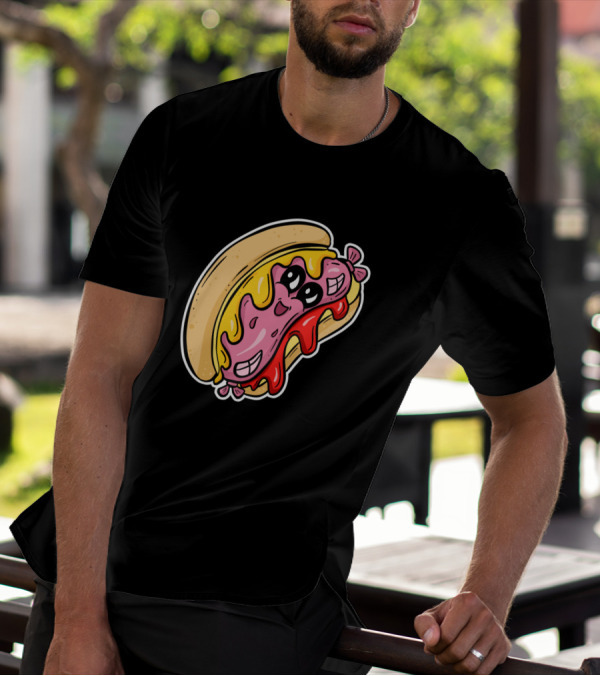 Wiener Smiling Hot Dog With Melted Cheese And Ketchup Cartoon Character T-Shirt